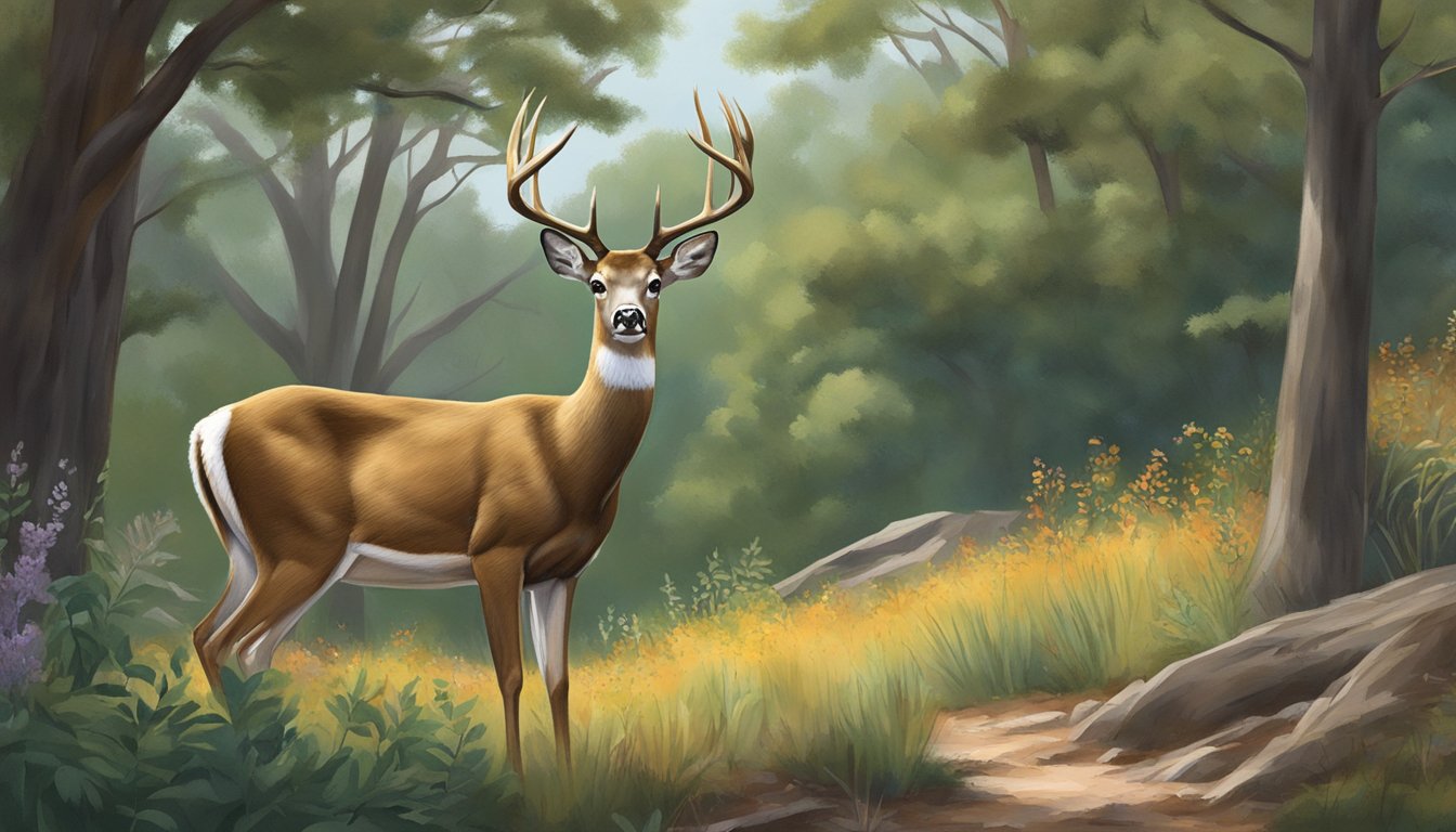 A white-tailed deer stands alert in a wooded area, surrounded by native Texas flora and fauna