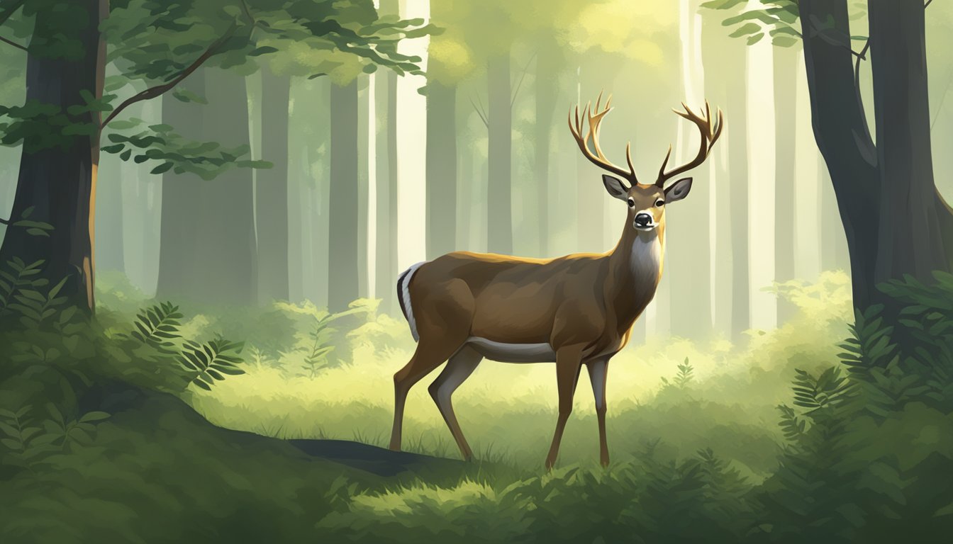 A deer stands alert in a forest clearing, surrounded by lush greenery and tall trees. The soft morning light filters through the leaves, creating a peaceful and serene atmosphere