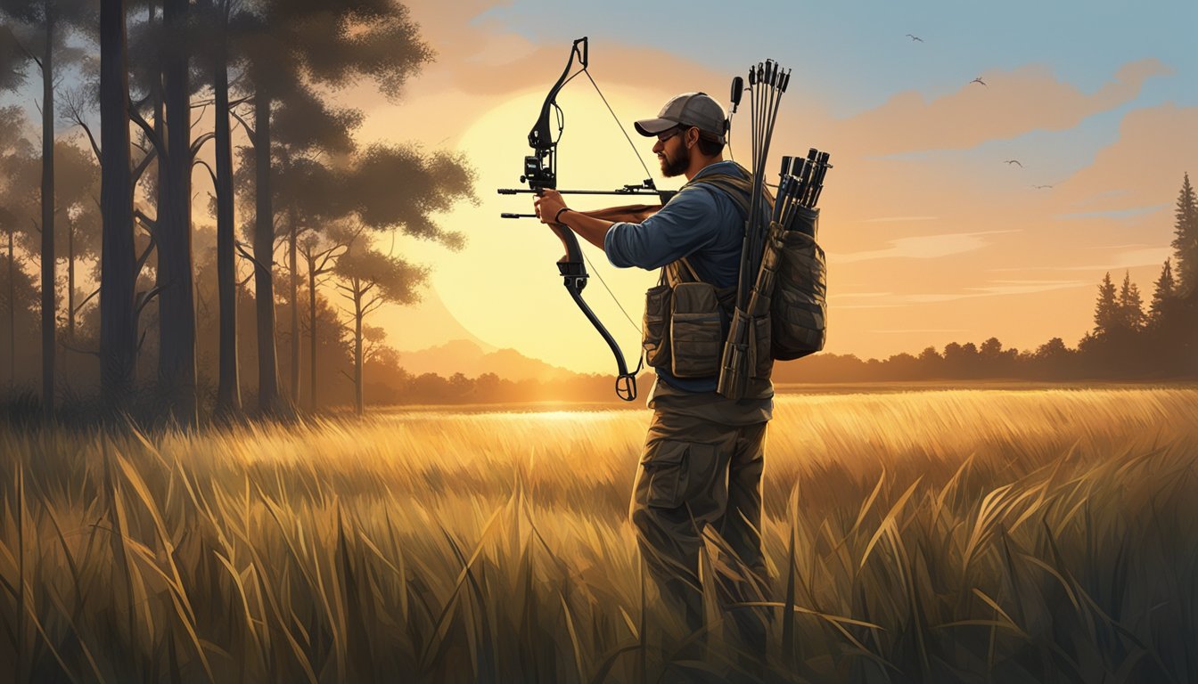 A bow hunter stands in a field, surrounded by tall grass and trees, with the sun setting in the background