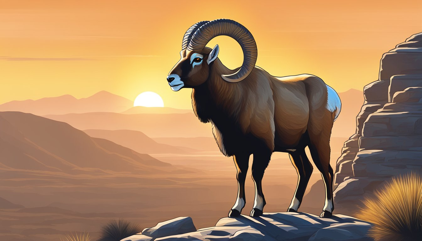 Aoudad standing on rocky Texas terrain, horns silhouetted against a setting sun