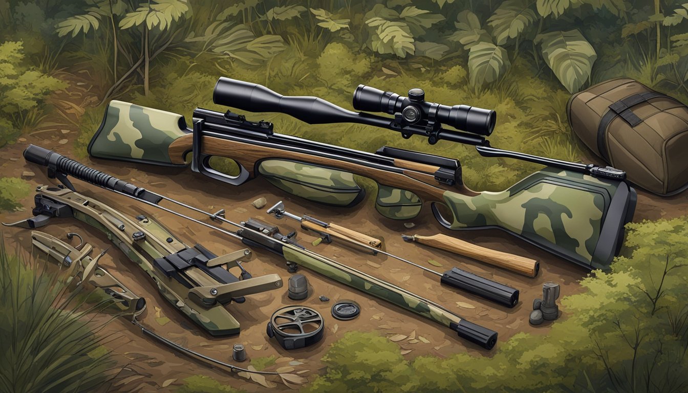 A crossbow, camouflage clothing, and hunting gear laid out on the ground in a Texas woodland clearing