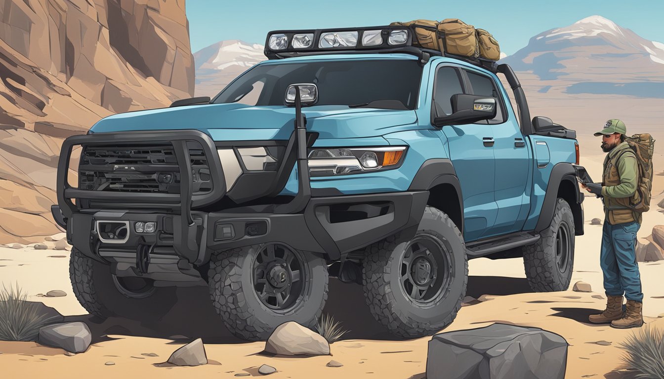 A hunter loads gear into a rugged truck, surrounded by rocky desert terrain and a clear blue sky