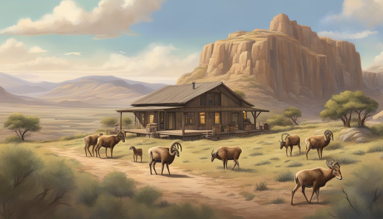 A rugged Texas landscape with aoudad grazing near a hunting lodge with modern amenities