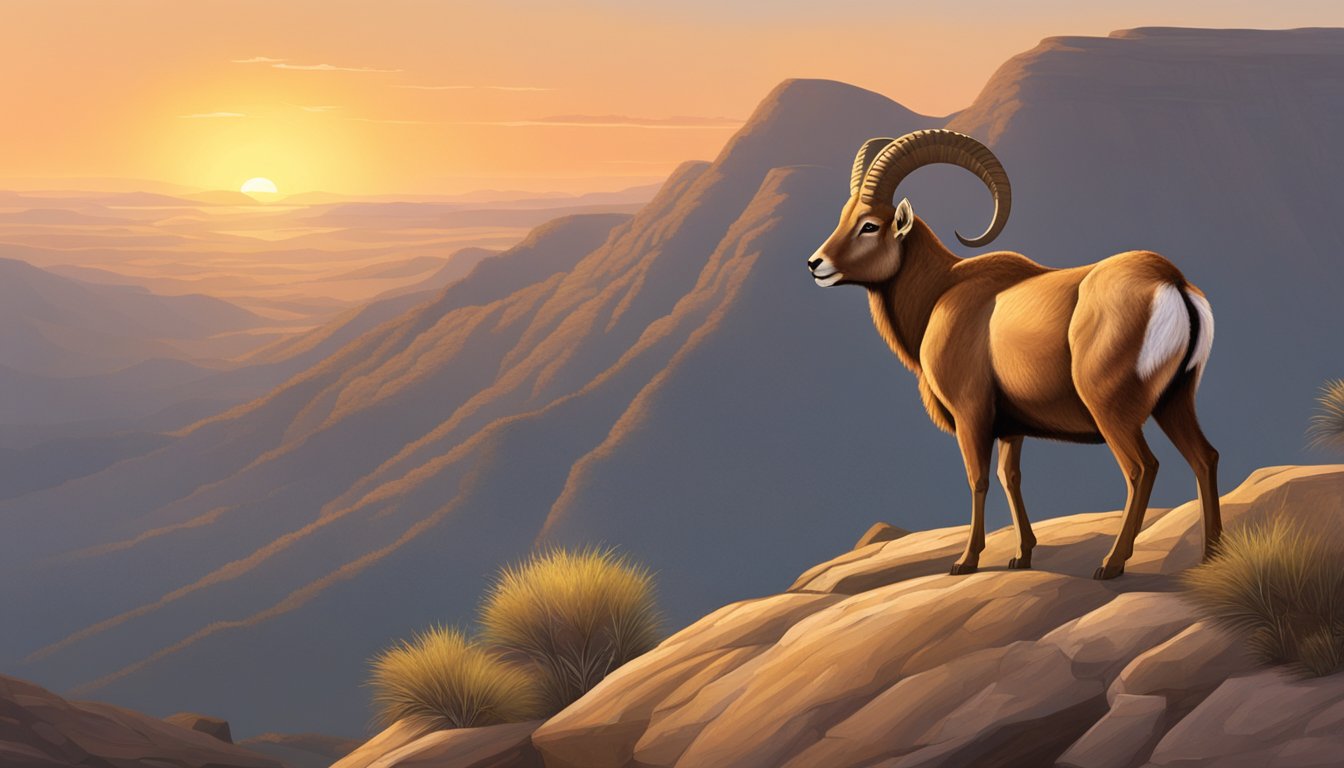 A lone aoudad stands on a rocky hillside, with the Texas landscape stretching out behind it. The sun is setting, casting a warm glow over the scene