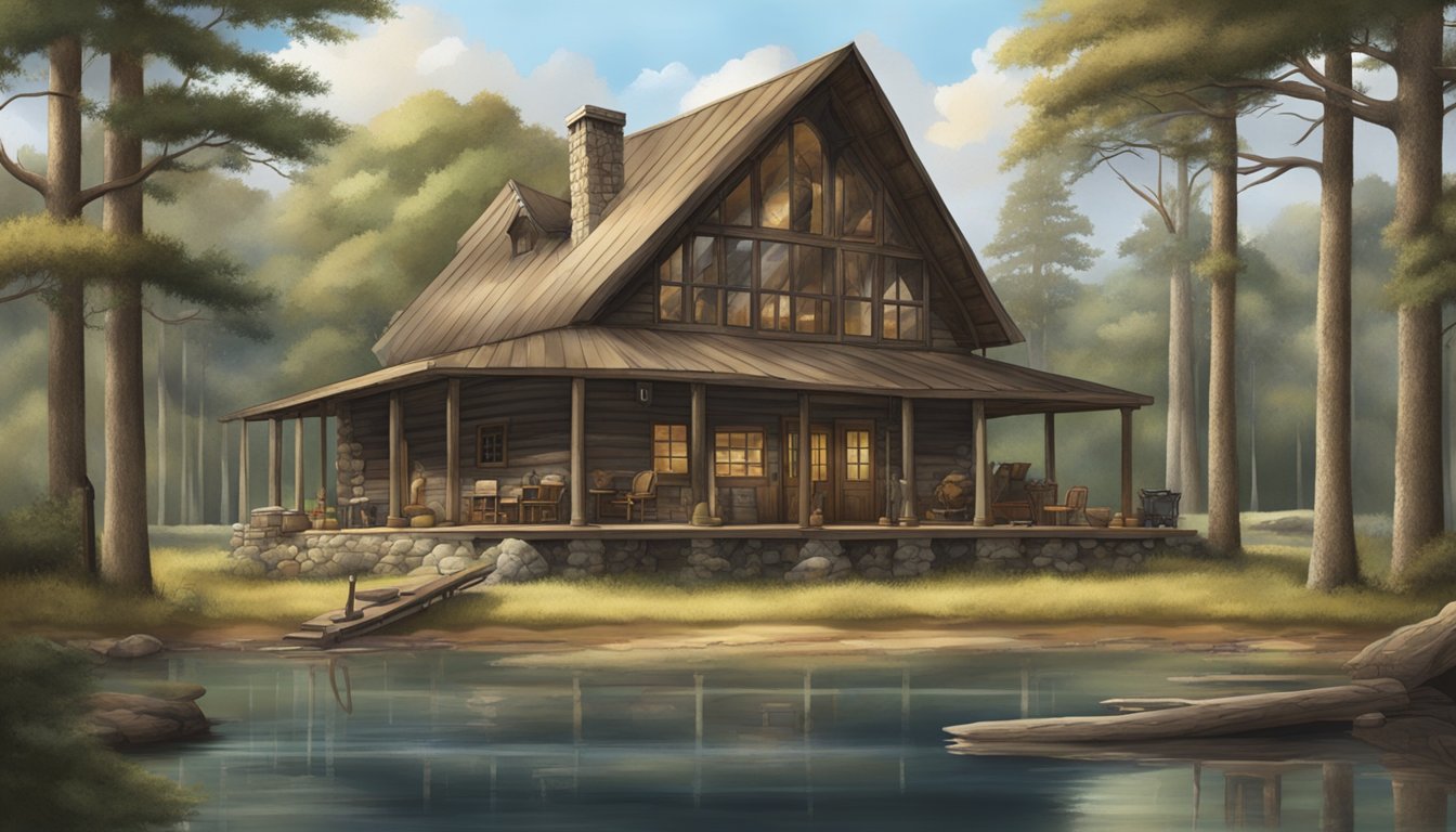 A rustic hunting lodge nestled in the Texas wilderness, surrounded by tall trees and a tranquil lake, with hunting gear and trophies displayed inside