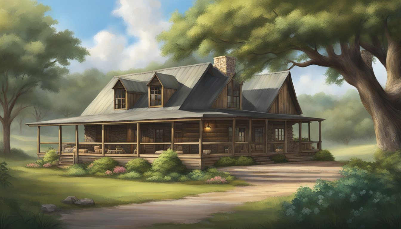 A rustic hunting lodge nestled among the rolling hills of Texas, surrounded by lush greenery and wildlife. Local partners and resources are utilized in the construction and maintenance of the lodge