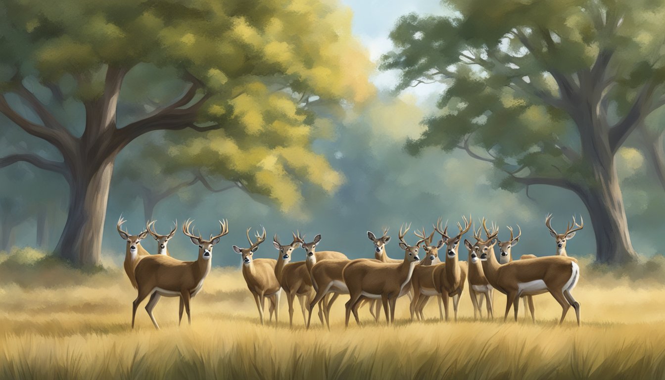 A herd of white-tailed deer grazing in a grassy field with oak trees in the background