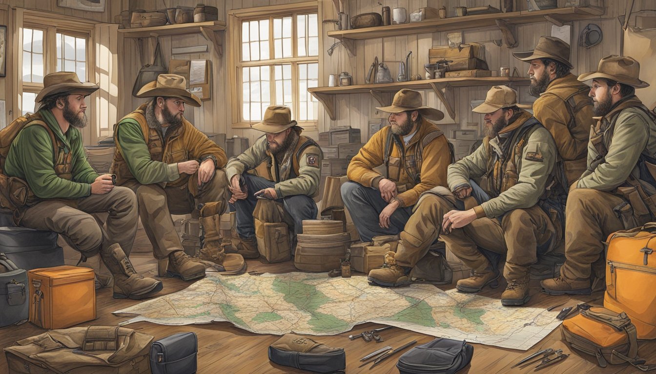 A group of hunters gather around a map, discussing their Texas deer hunt. Gear and supplies are scattered around the room, including rifles, camouflage clothing, and hunting equipment