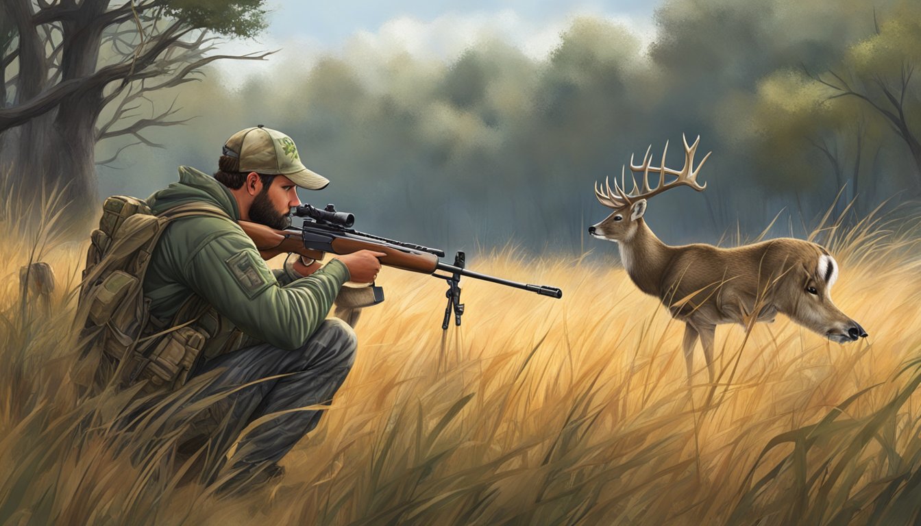 A hunter crouching in tall grass, camouflaged, aiming a rifle at a grazing deer in the Texas wilderness