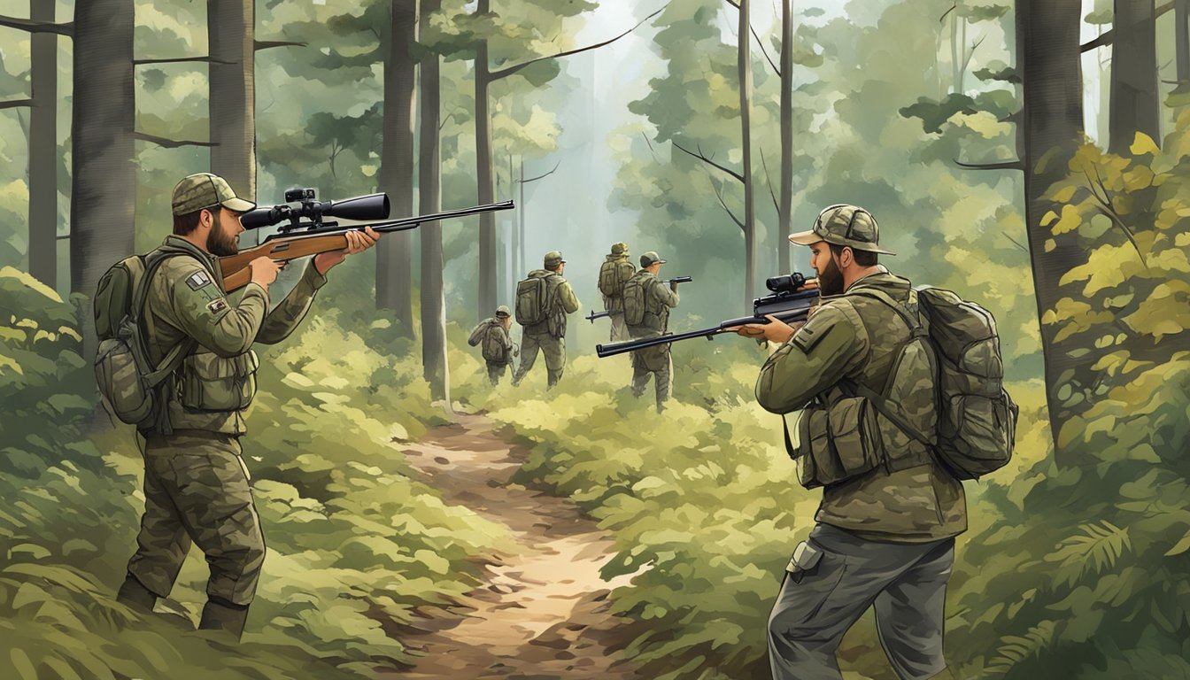 A group of hunters in camouflage gear tracking deer through a dense forest, while a guide points out different conservation and management techniques