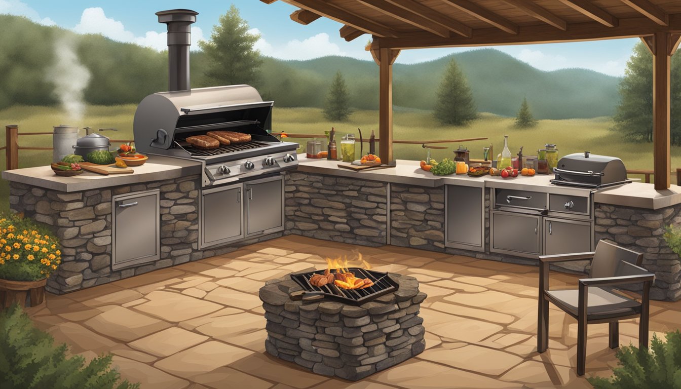 A rustic outdoor kitchen with a grill sizzling with venison and wild boar, surrounded by Texas wilderness