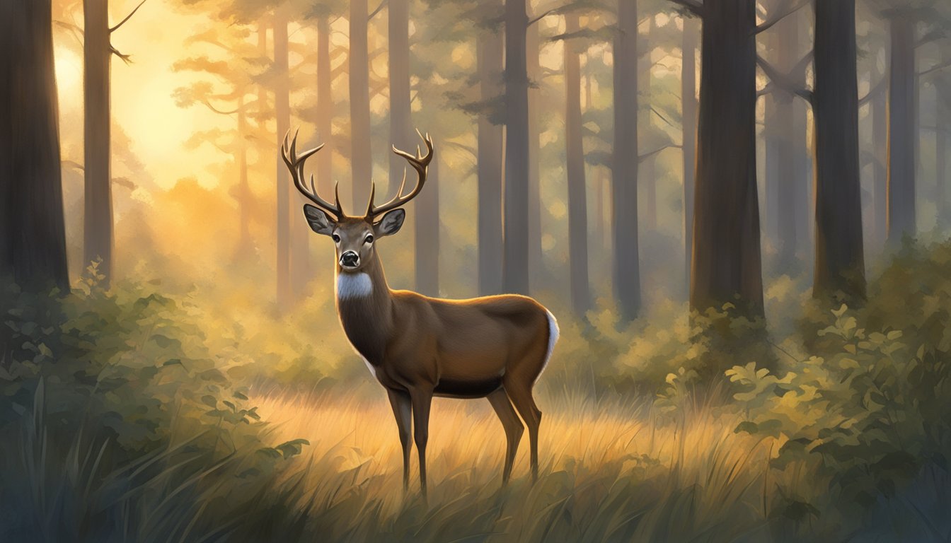 A deer stands alert in a clearing, surrounded by dense Texas woodland, as the sun sets on the horizon