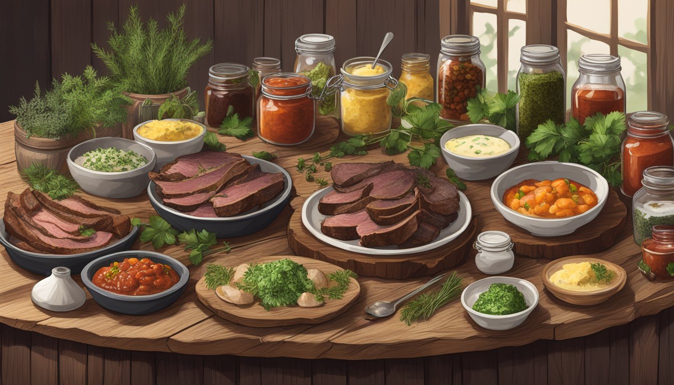 A rustic wooden table displays a spread of venison and wild boar dishes, surrounded by jars of homemade condiments and fresh herbs