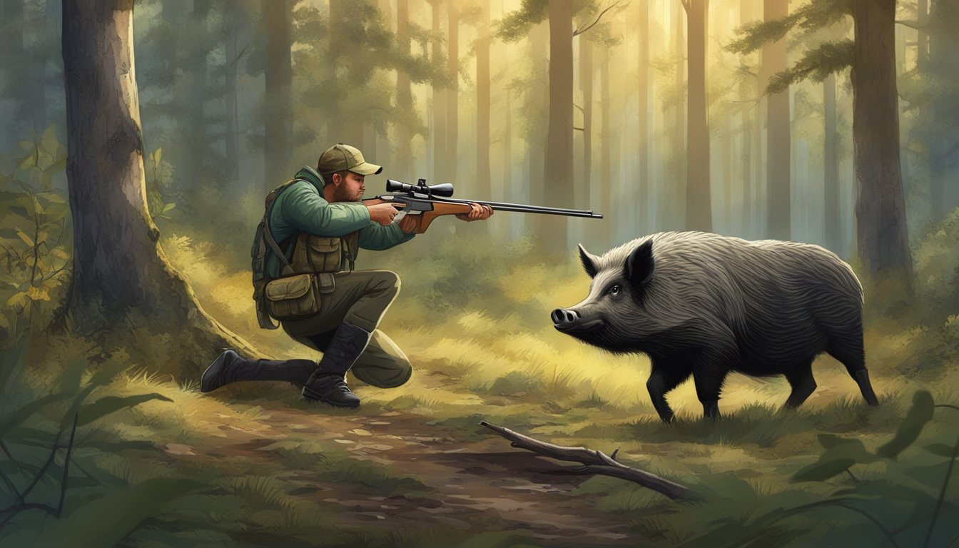 A hunter aims a rifle at a wild hog in a forest clearing