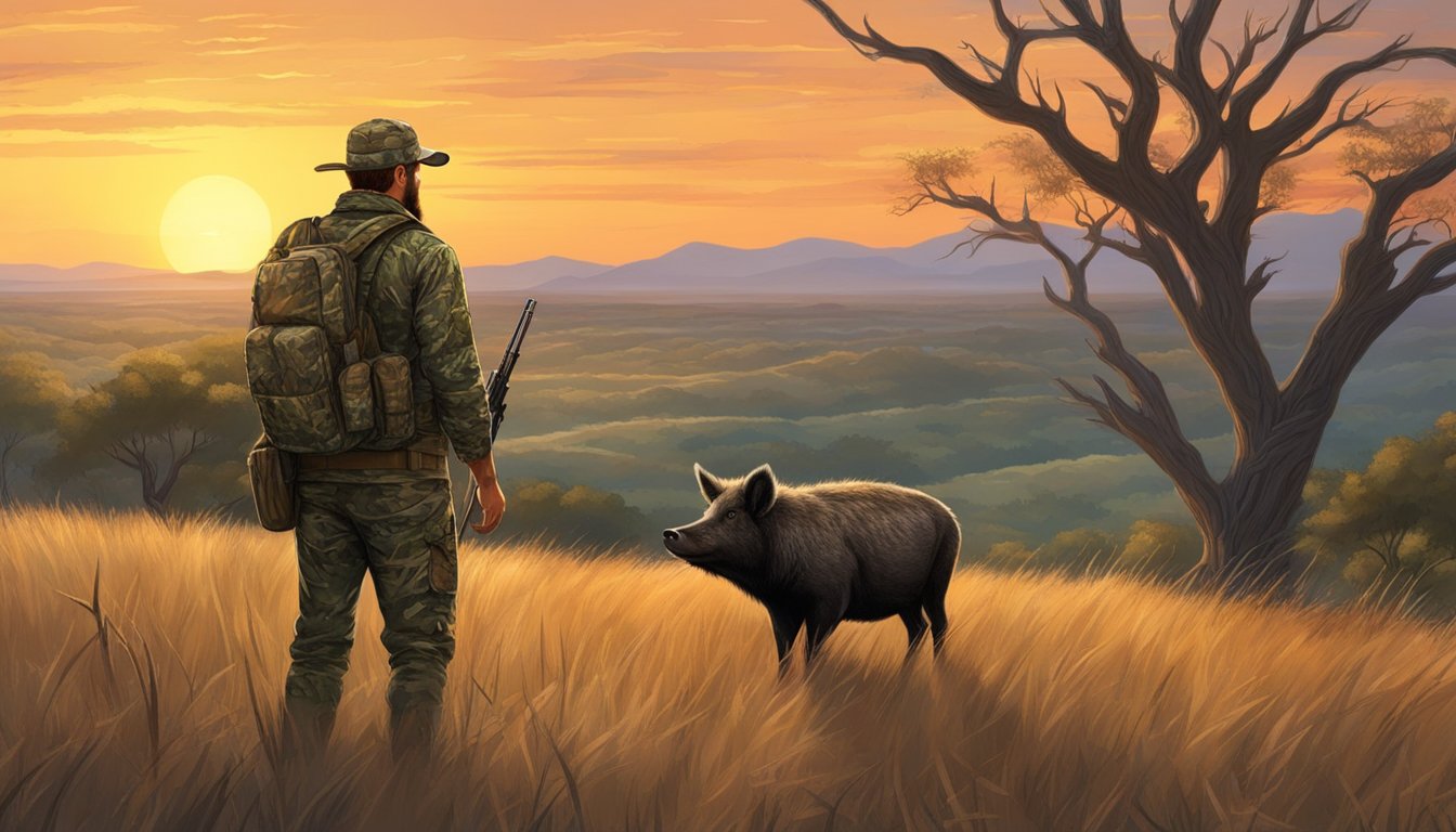 A hunter in camouflage stands in a vast Texas ranch, surrounded by rolling hills and dense brush. A wild hog grazes in the distance, while the sun sets behind the horizon