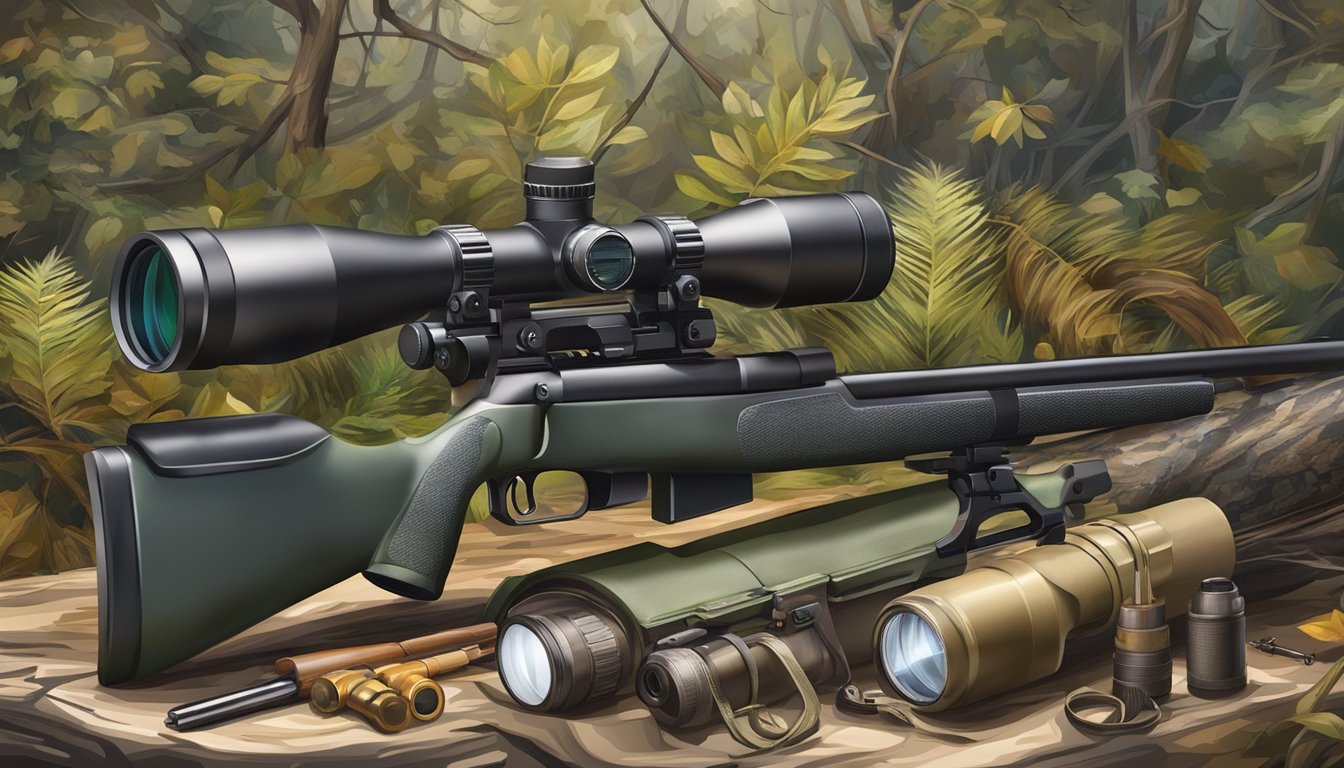 A hunter's rifle with a scope and flashlight attached, surrounded by camouflage gear and hunting accessories