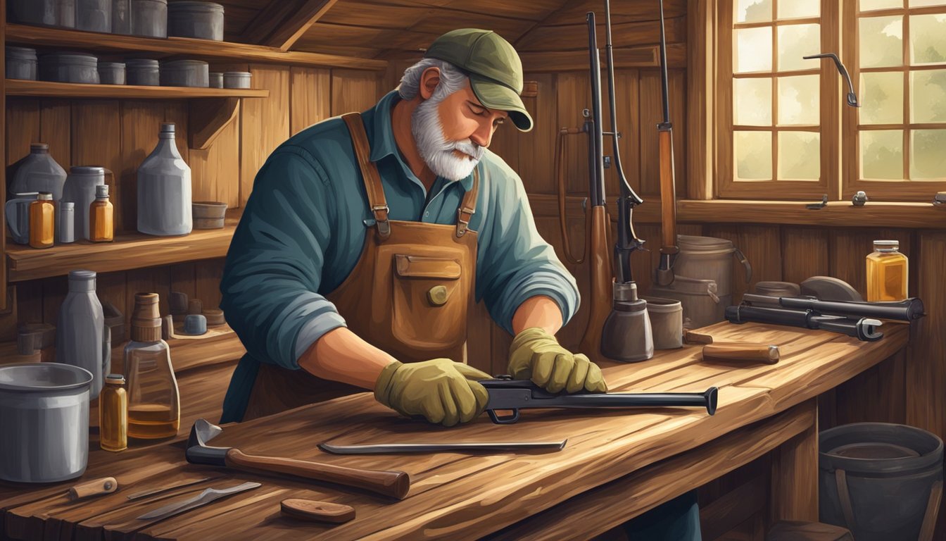 A hunter meticulously cleans and oils their hog hunting rifle on a wooden workbench in a rustic cabin