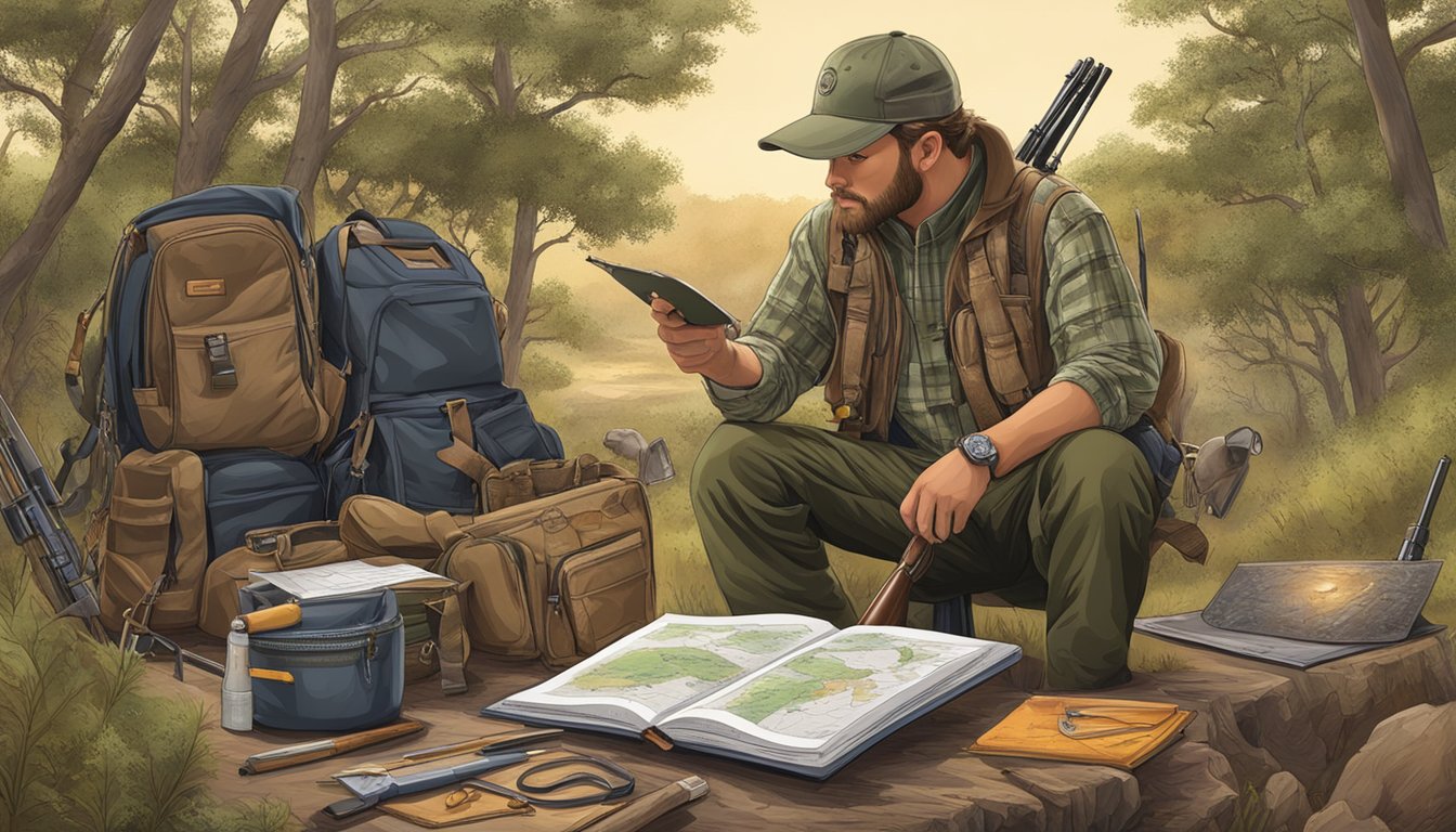 A hunter in Texas studying a comprehensive guide on hunter education, surrounded by hunting gear and wildlife illustrations