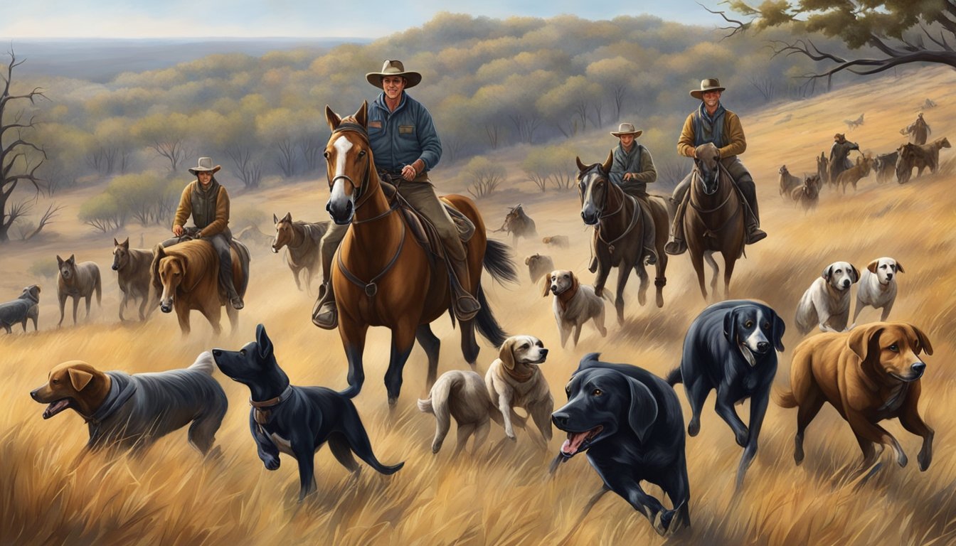 A group of hunters on horseback and with hunting dogs, pursuing wild hogs through the rugged landscape of a Texas ranch