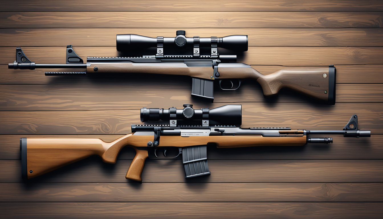 Two rifles laid out on a wooden table, one modern and sleek, the other rugged and weathered. A scale nearby for comparison