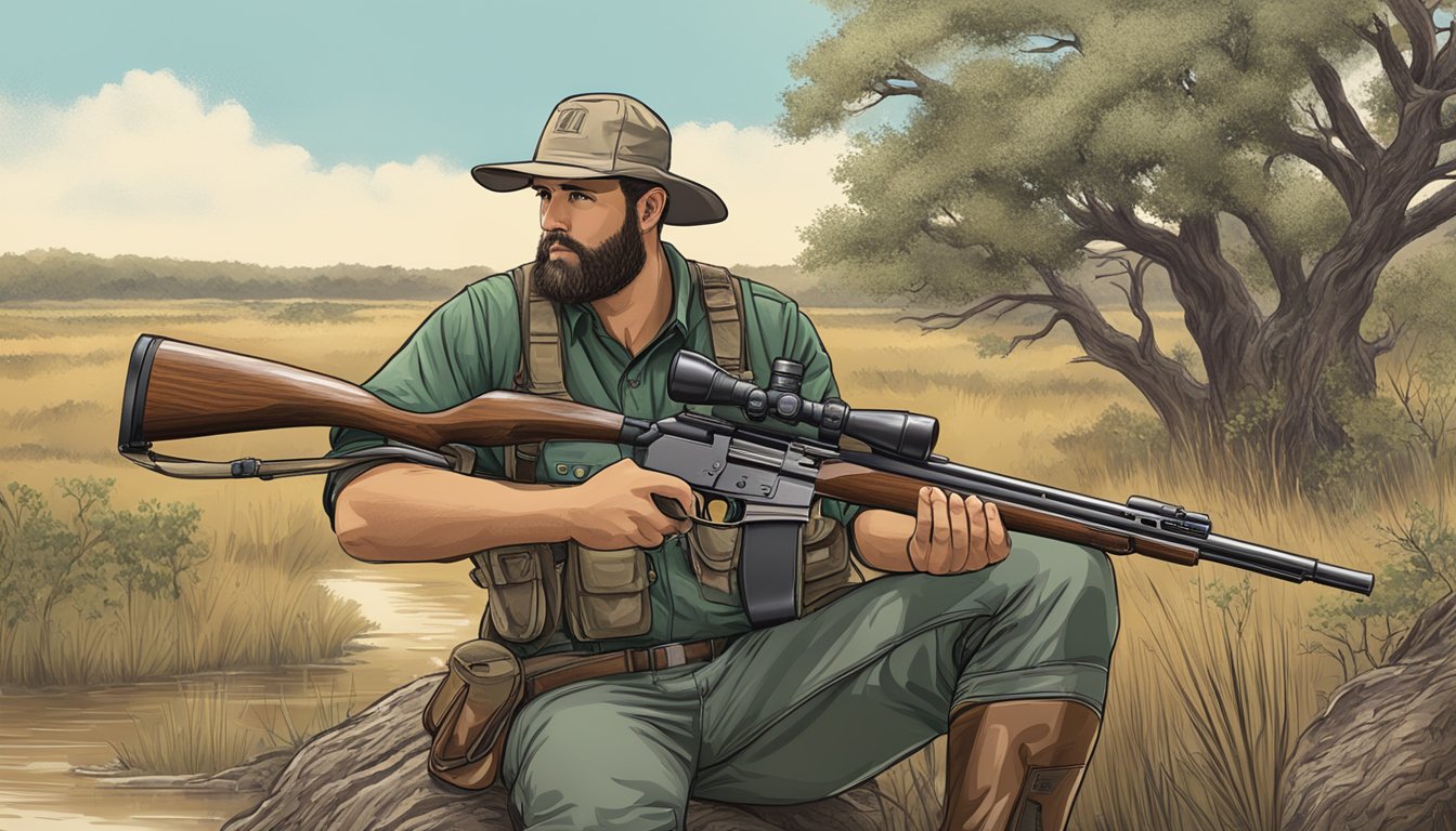 A hunter holding a rifle while studying a comprehensive guide on Texas hunter education, with wildlife and nature in the background