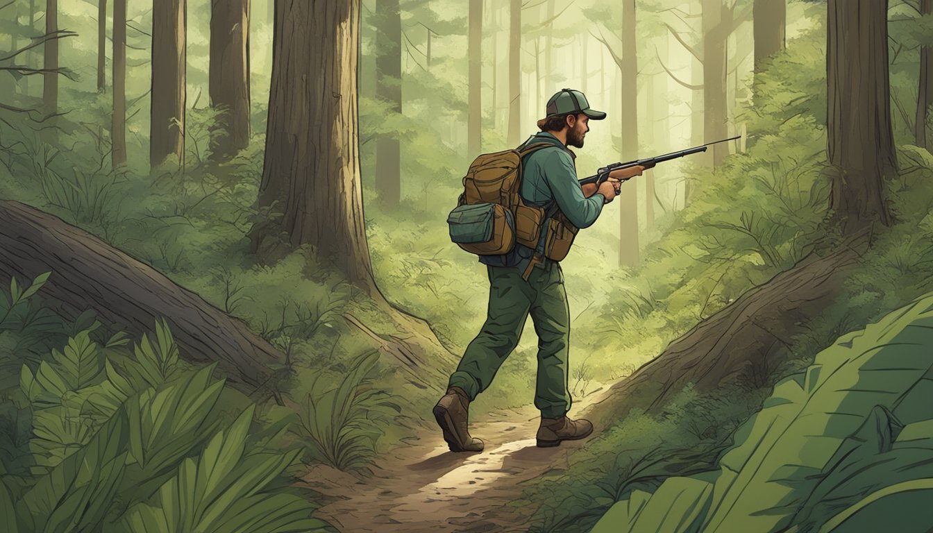 A hunter navigating through a dense Texas forest, carrying a comprehensive guide on advanced education in hunter safety