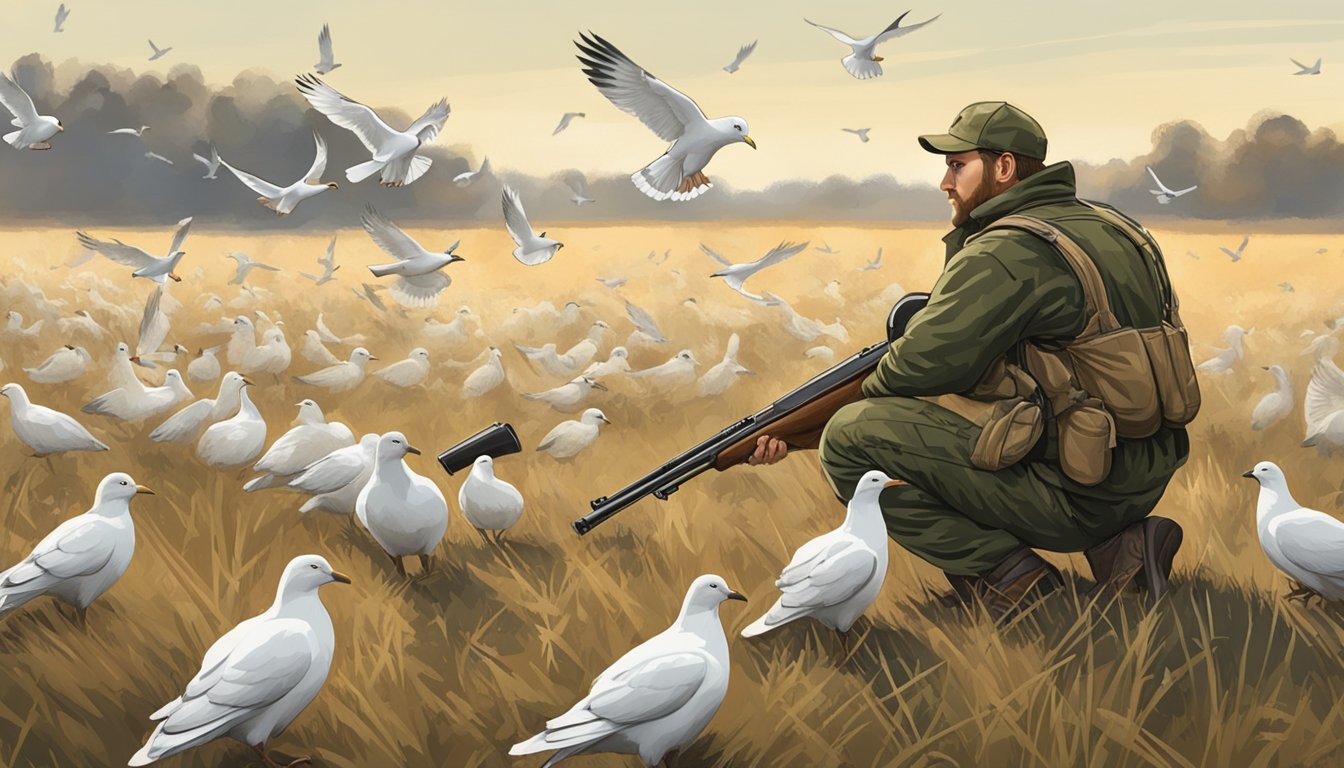 A hunter in camouflage gear crouches in a field, shotgun at the ready, as a flock of doves flies overhead