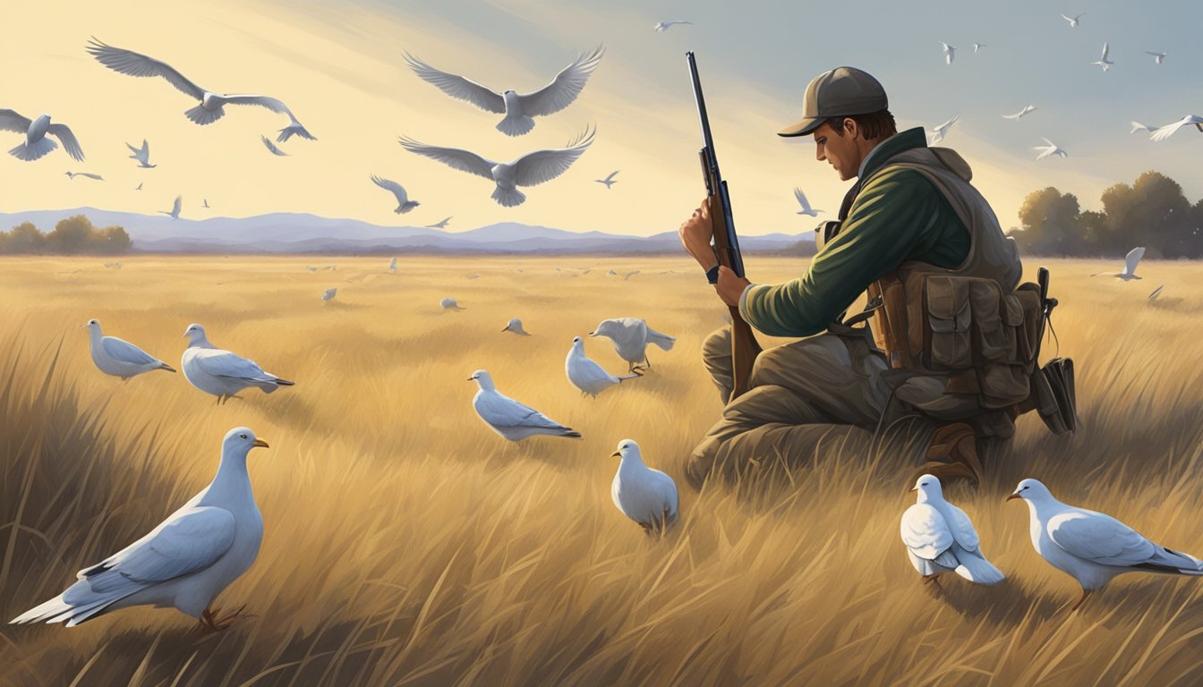 A lone hunter crouches in a dry, grassy field, shotgun at the ready, as a flock of doves flies low overhead