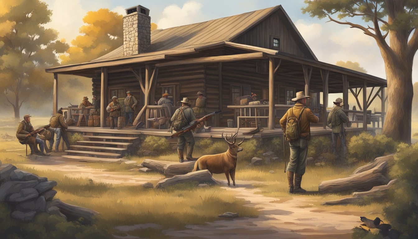 A group of hunters gather at a rustic lodge in the Texas countryside, surrounded by fields and trees. Shotguns and hunting gear are scattered around the entrance