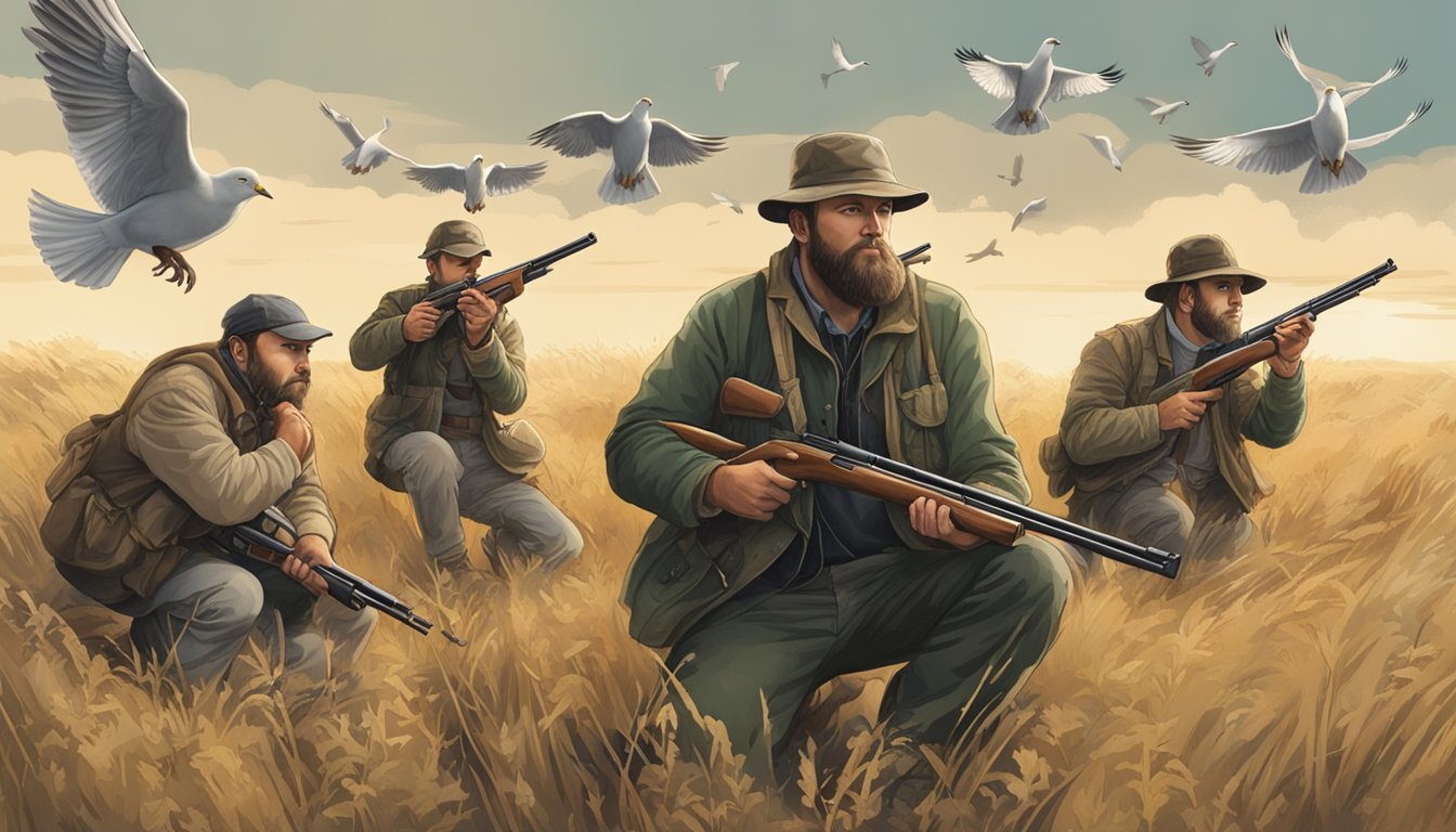 A group of hunters crouch in a field, camouflaged and holding shotguns, as a flock of doves flies overhead