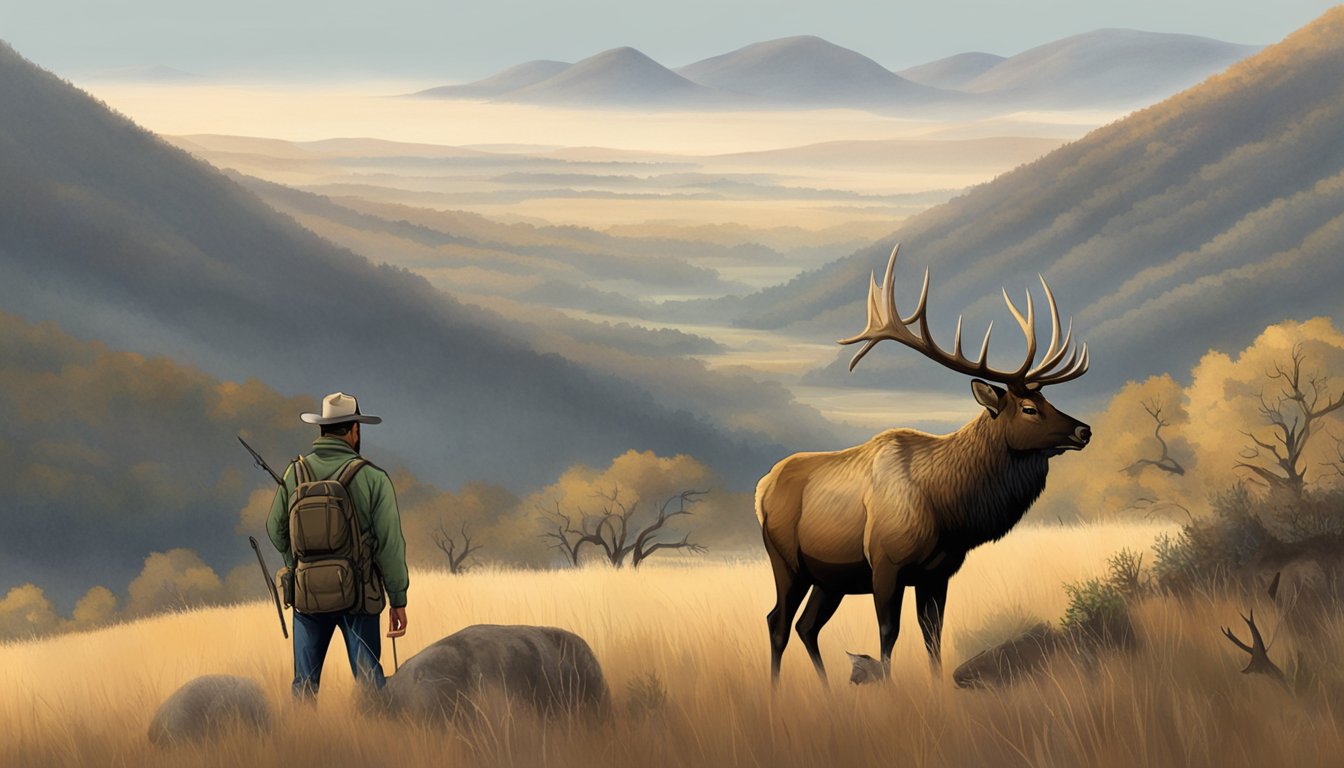 A lone elk stands against a backdrop of Texas hills, with a hunting guide observing from a distance