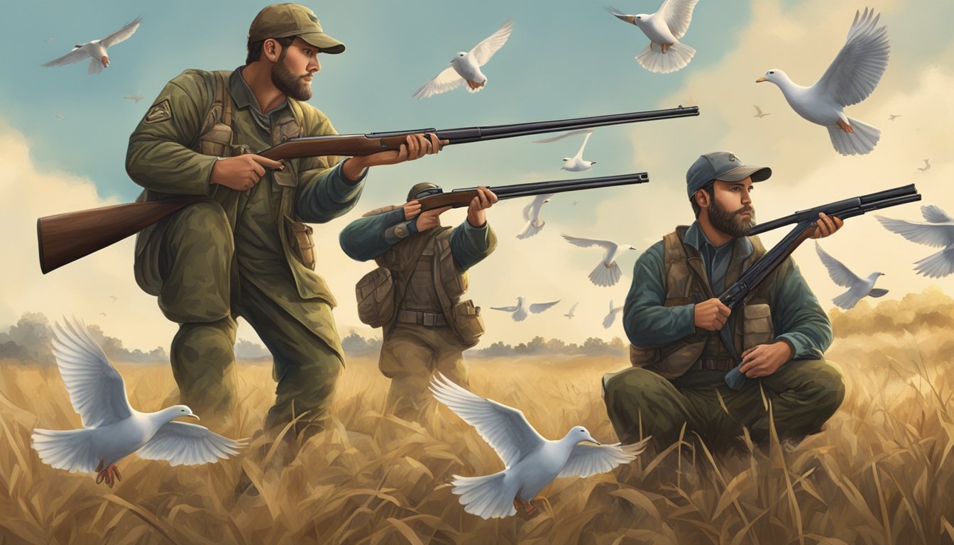 A group of hunters in camouflage gear, crouched in a field with shotguns, while a flock of doves flies overhead