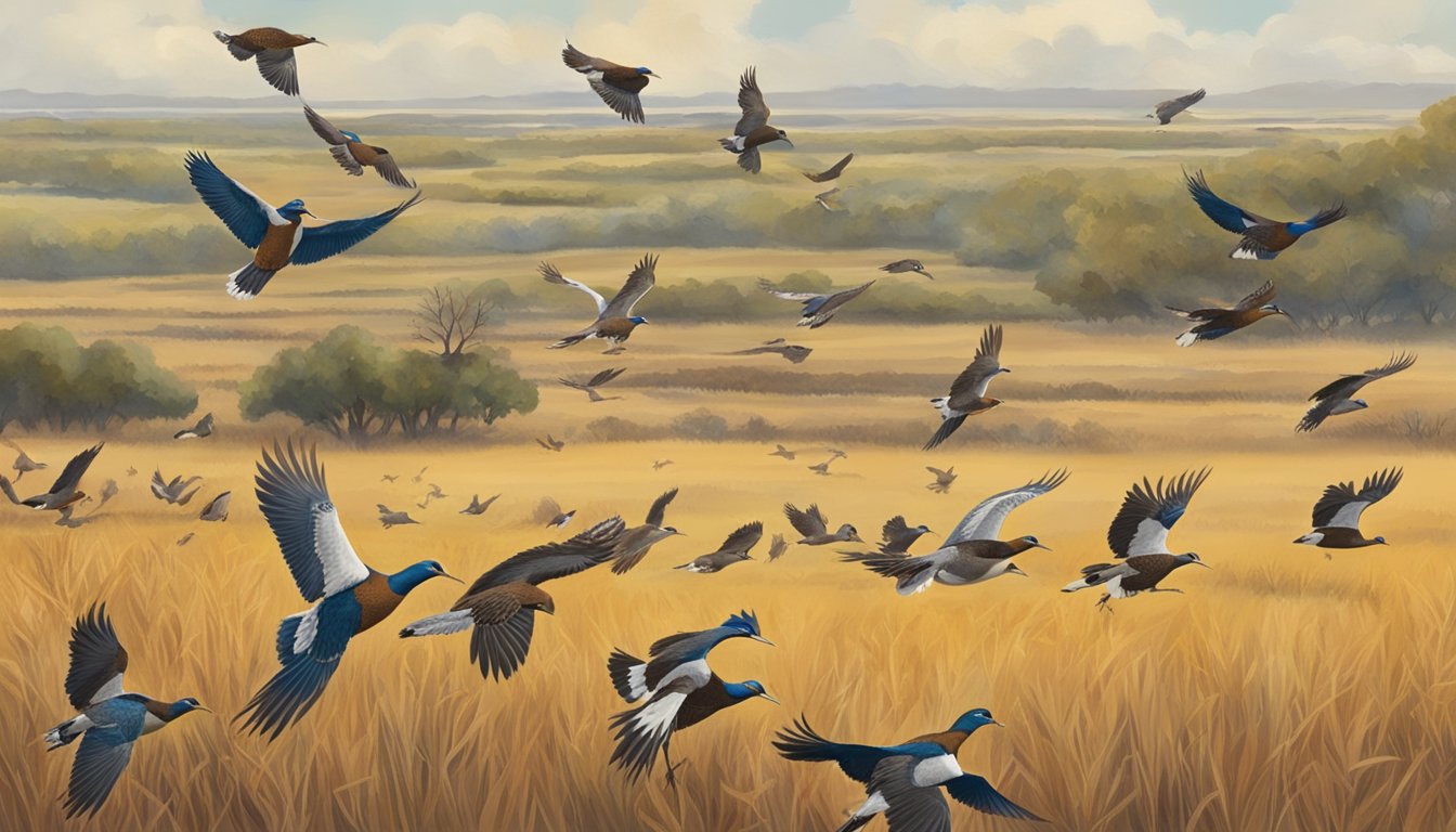 Several game birds flying over a Texas field, with hunters in the background aiming their guns