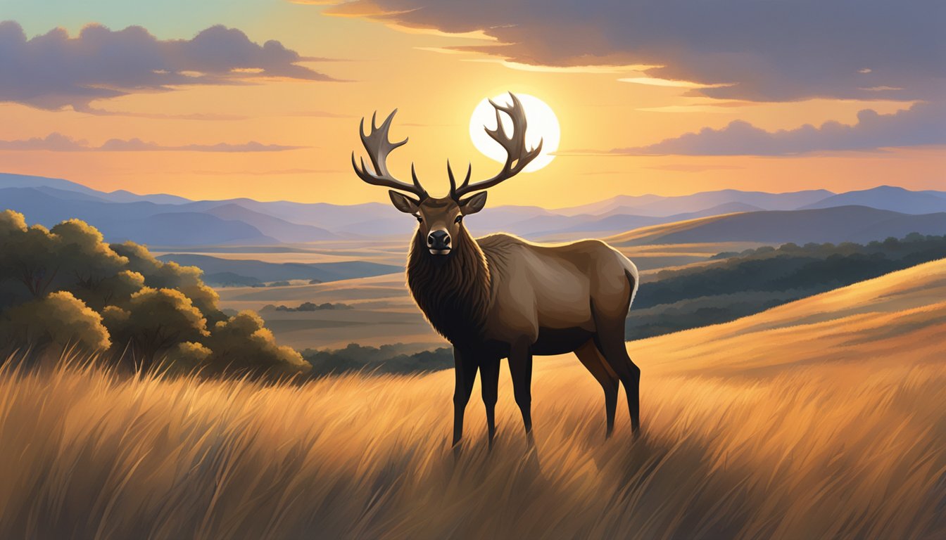 A lone elk stands in a vast Texas landscape, surrounded by rolling hills and scrub brush. The sun sets in the distance, casting a warm glow over the scene