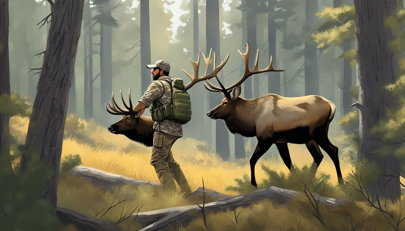 An elk hunter in Texas carefully tracks his prey through the dense forest, using stealth and patience to outmaneuver the elusive animal