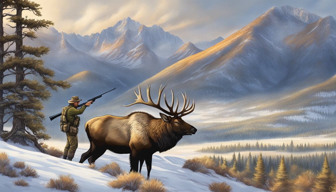 A hunter aims a rifle at a majestic elk in the Texas wilderness