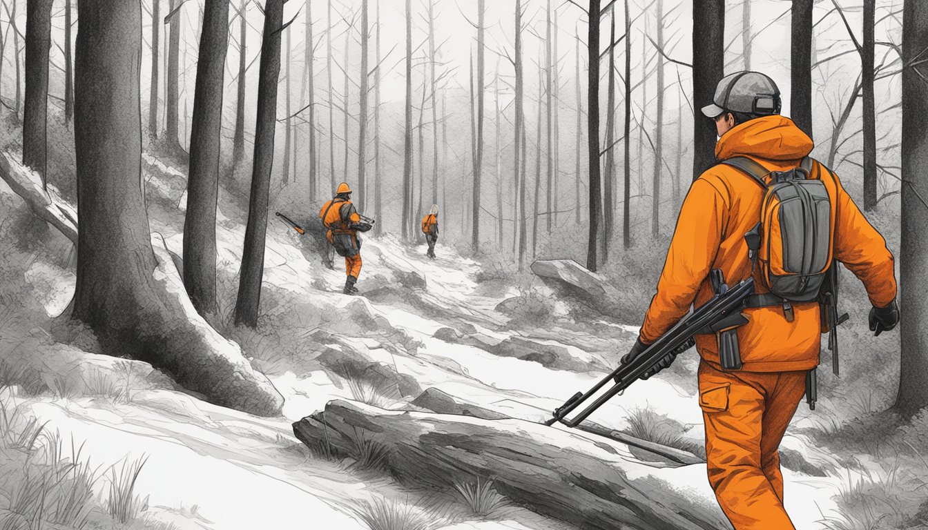 A hunter walking through a wooded area, wearing bright orange safety gear, carrying a rifle, and scanning the surroundings for potential targets