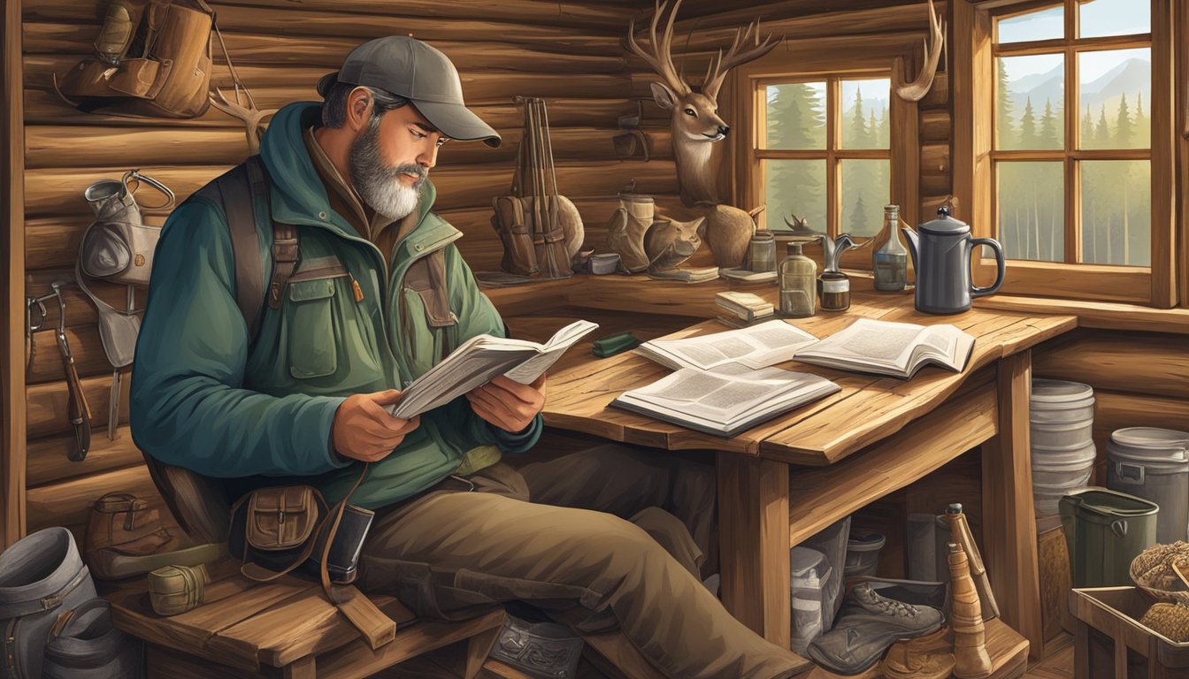 A hunter reading a comprehensive guide with hunting regulations and legal considerations in a rustic cabin surrounded by hunting gear and wildlife illustrations