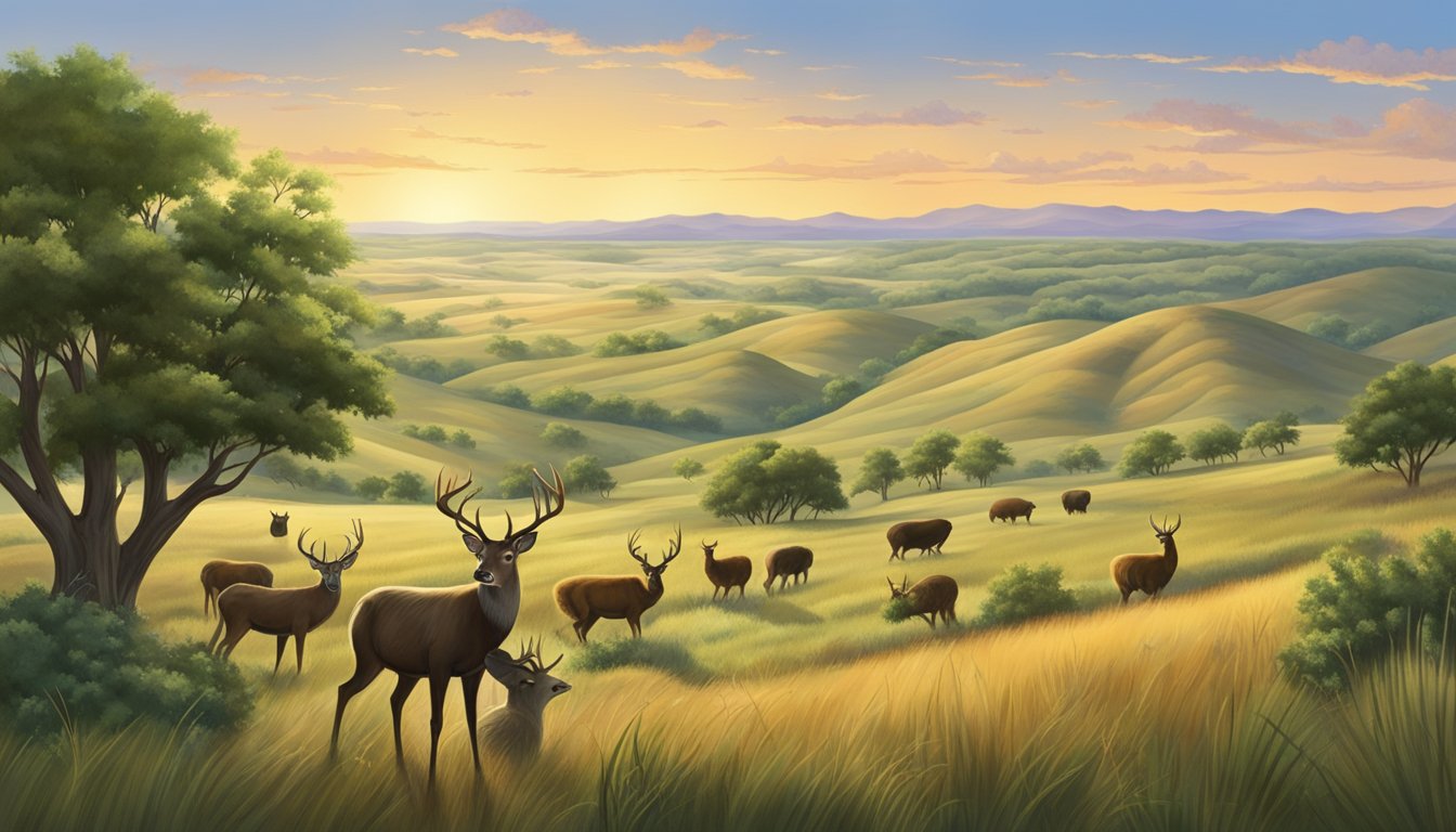 A vast Texas landscape with rolling hills, dense forests, and open plains. A variety of wildlife, including deer, turkey, and quail, roam the diverse terrain