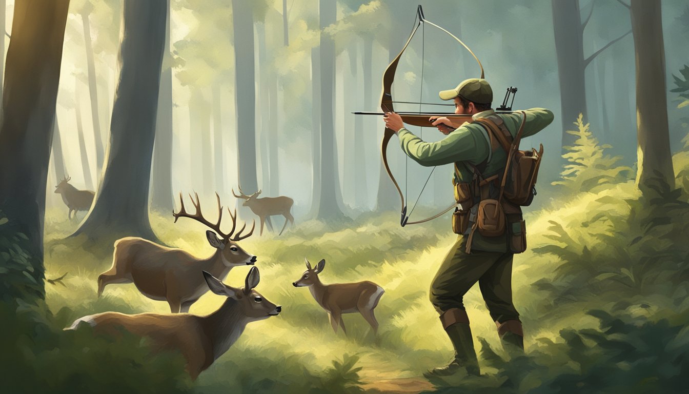 A hunter aiming a bow at a deer in a forest clearing