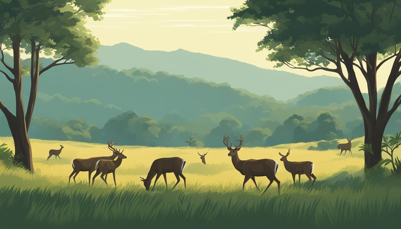 A group of deer grazing in a lush Texas forest, with rolling hills and a clear blue sky in the background