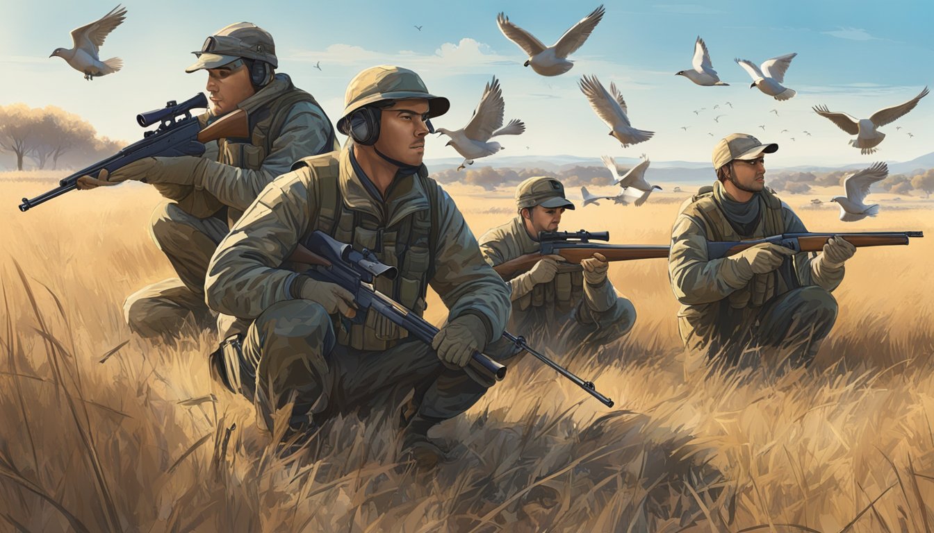 A group of hunters in camouflage gear and shotguns, crouched in a field of dry grass, with a clear blue sky above and a flock of doves flying in the distance