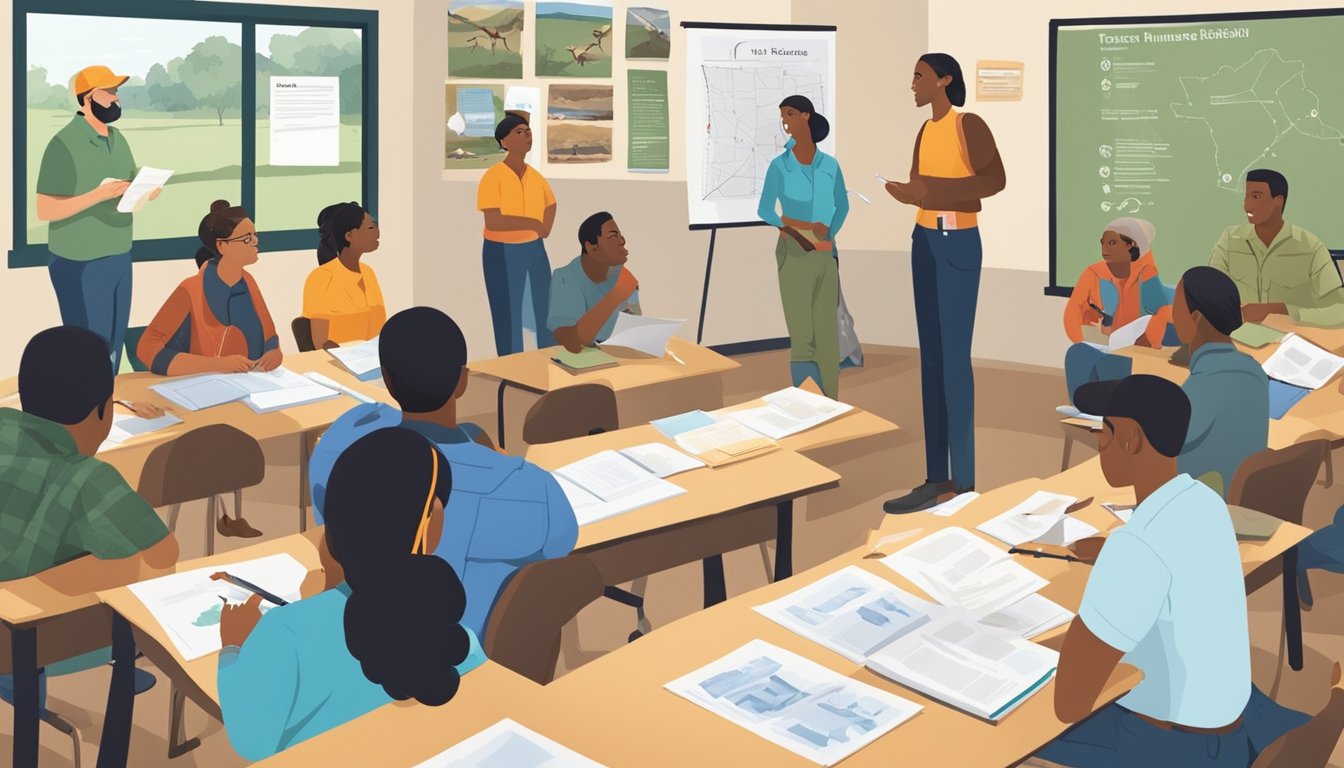 A group of people gather in a classroom, surrounded by posters and educational materials about Texas hunter education. An instructor leads a discussion while participants take notes and engage in group activities