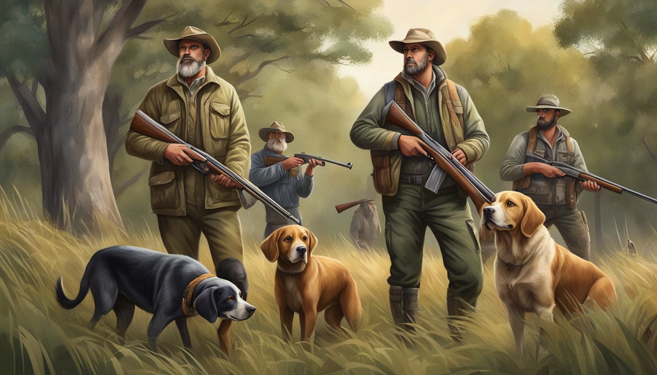 A group of hunters in a field with shotguns, camouflaged clothing, and hunting dogs, surrounded by trees and bushes