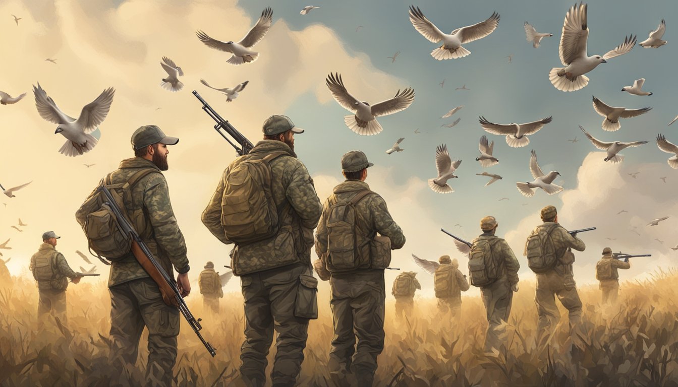 A group of hunters in camouflage gear spread out in a field, holding shotguns and looking up at a flock of doves flying overhead