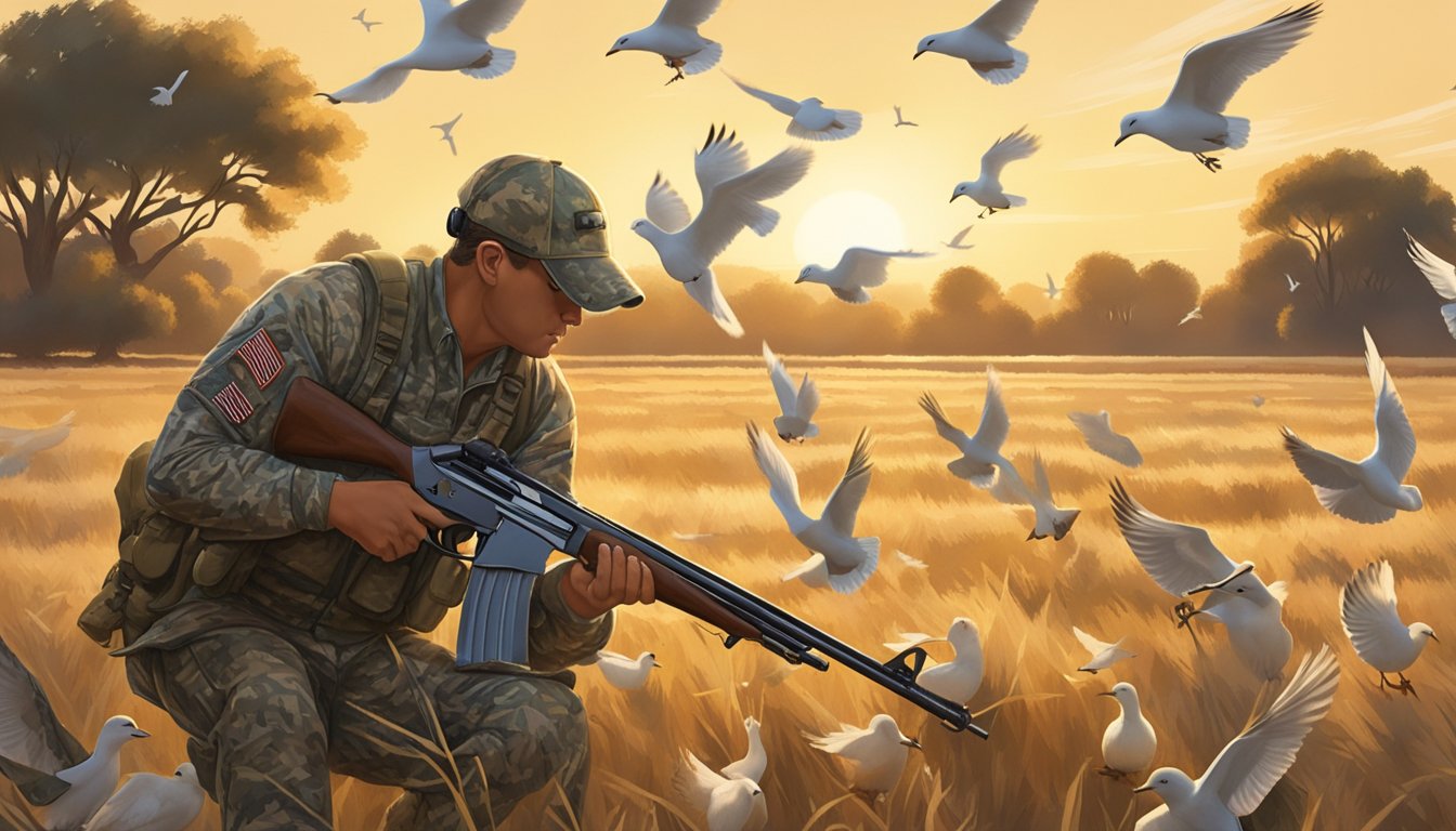 A hunter in camouflage gear aims a shotgun at a flock of doves flying over a sun-drenched Texas field