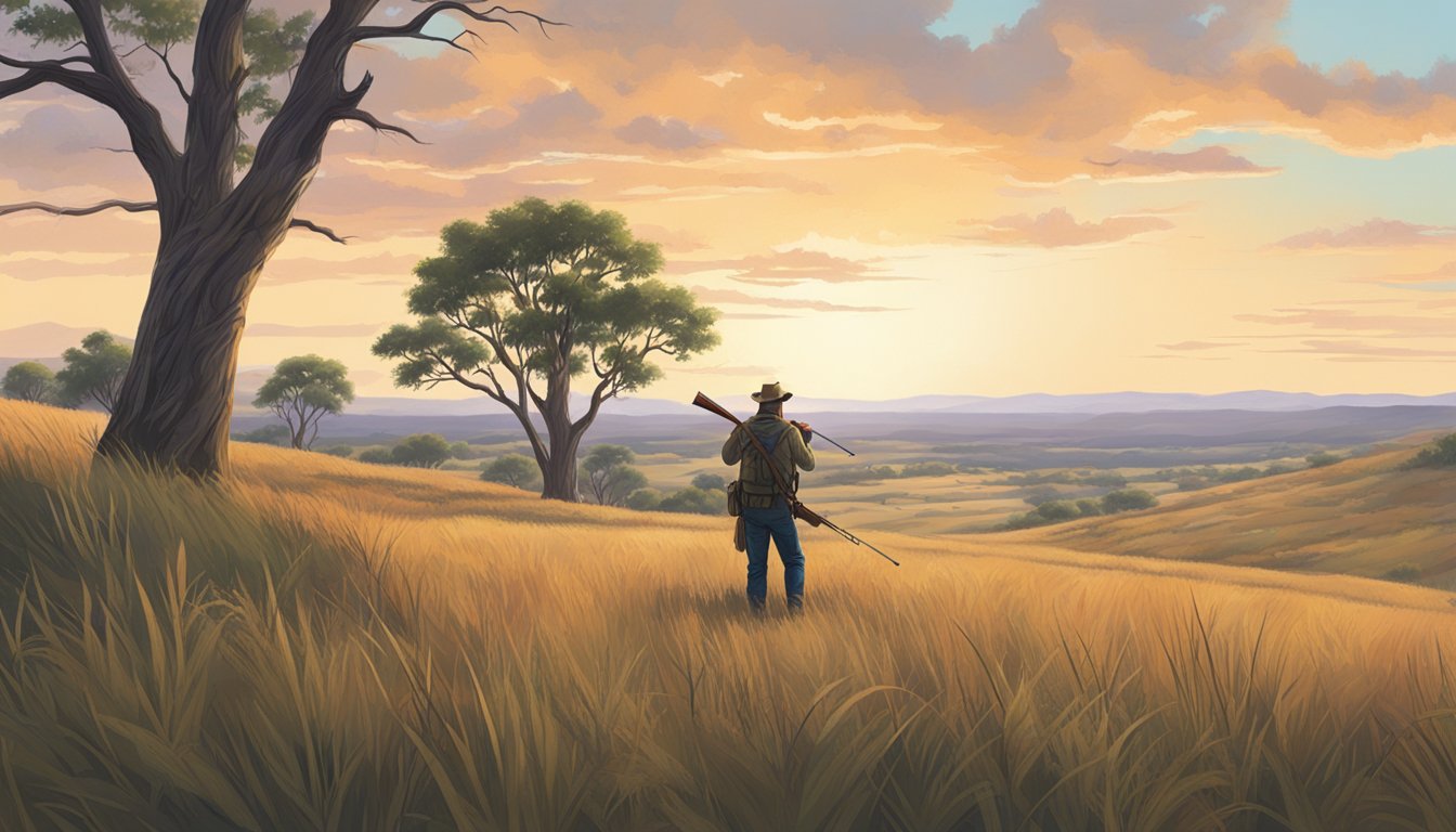 A vast Texas landscape with rolling hills, tall grass, and scattered trees. A hunter with a rifle stands in the distance, scanning the horizon