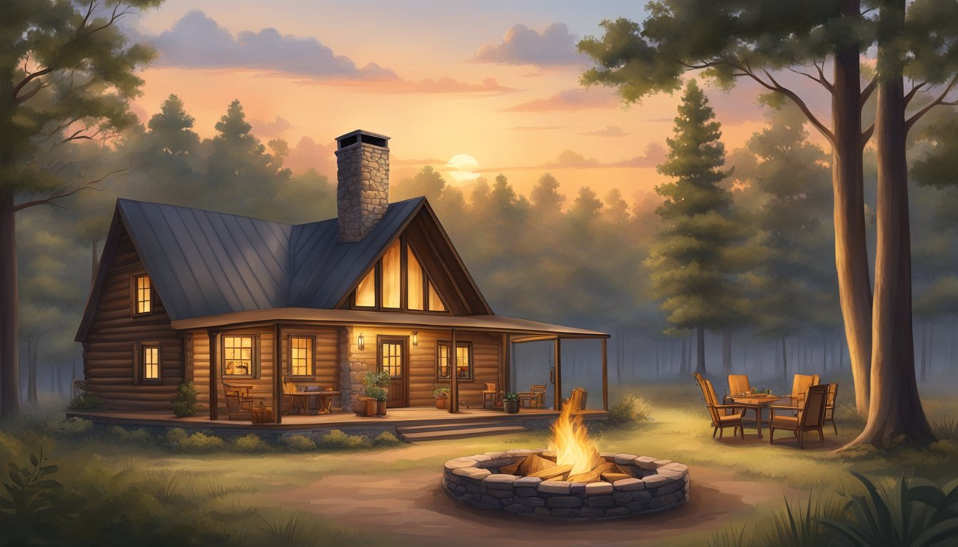 A cozy Texas hunting lodge nestled in the wilderness, surrounded by trees and wildlife, with a warm fire pit and comfortable accommodations