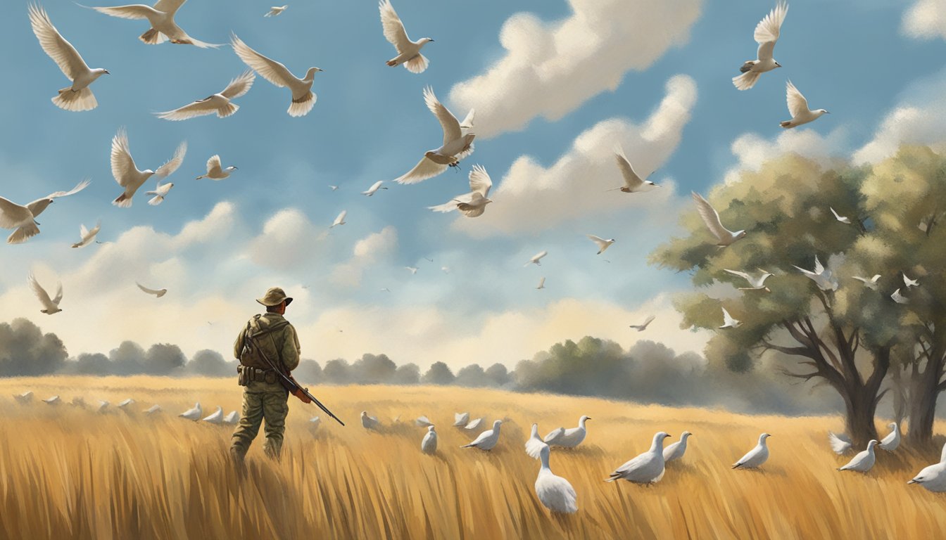 A hunter in camouflage aims at a flock of doves flying over a sunlit Texas field