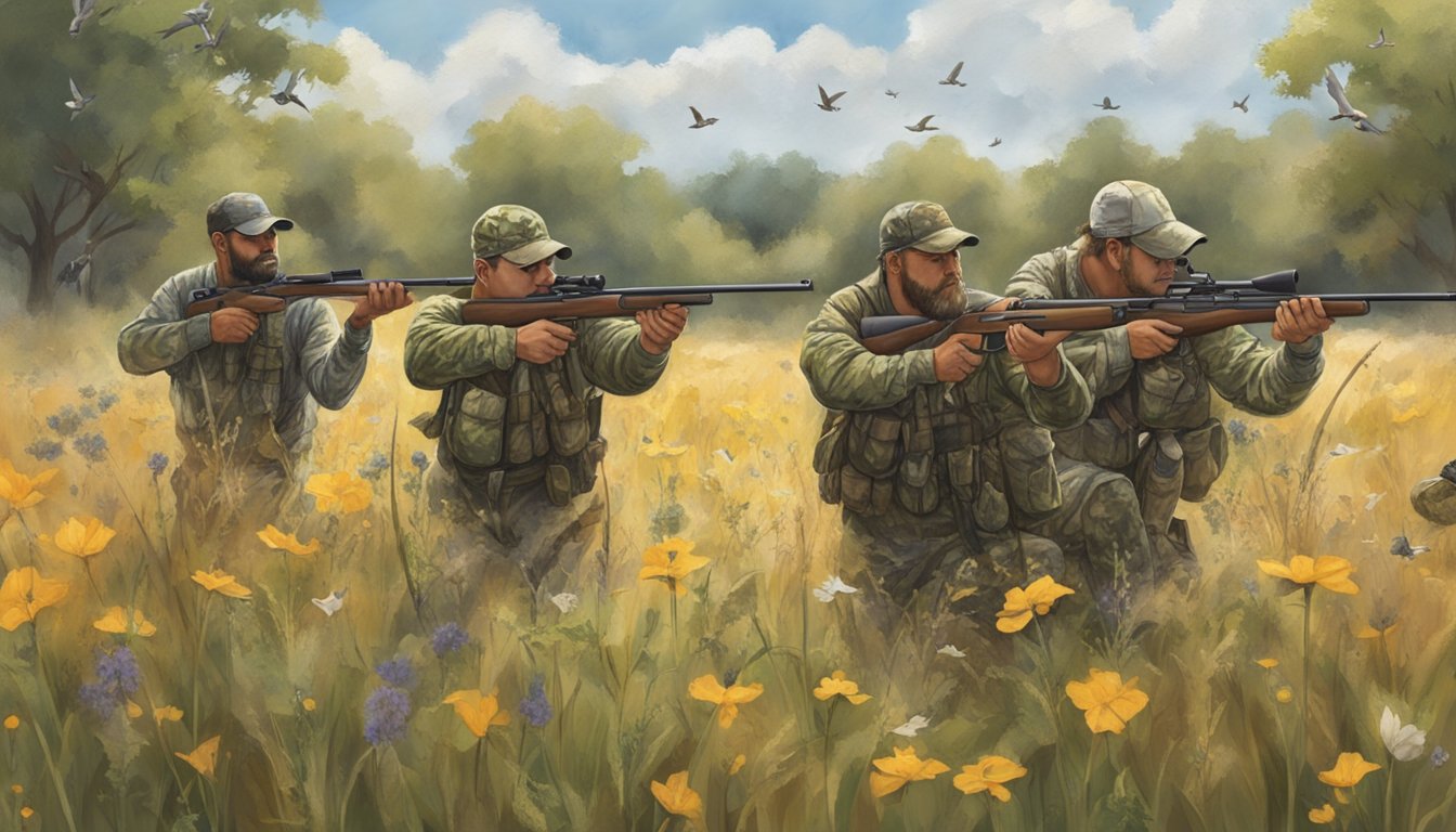 A group of hunters in camouflage gear aiming at doves in a Texas field, surrounded by tall grass and scattered wildflowers